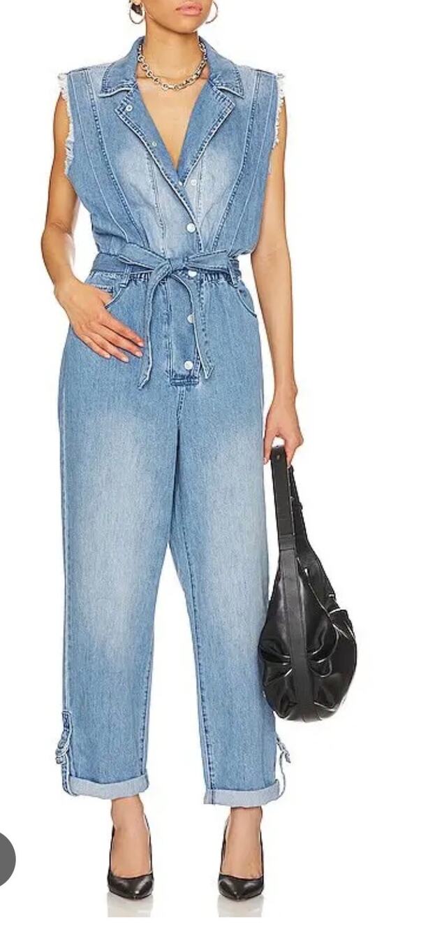 BLANKNYC Sleeveless Denim Jumpsuit notched collar raw-cut frayed LARGE NWT